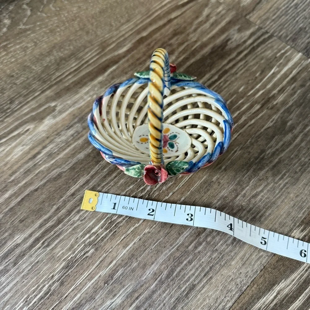 VINTAGE Handmade Multicolor Porcelain Ceramic Woven Basket Mini Made in Spain